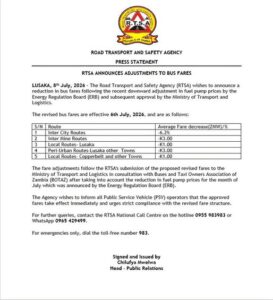 RTSA ANNOUNCES REDUCTION IN BUS FARES
